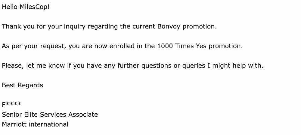 Marriott's manual enrolment for a promotion confirmation