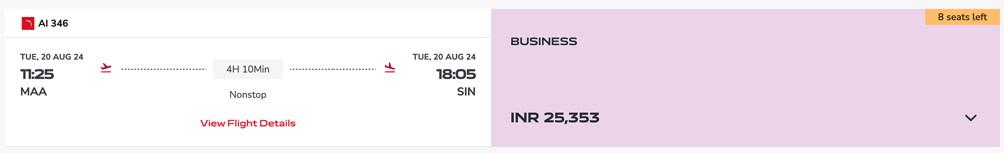 Air India Business Class Sale: MAA-SIN