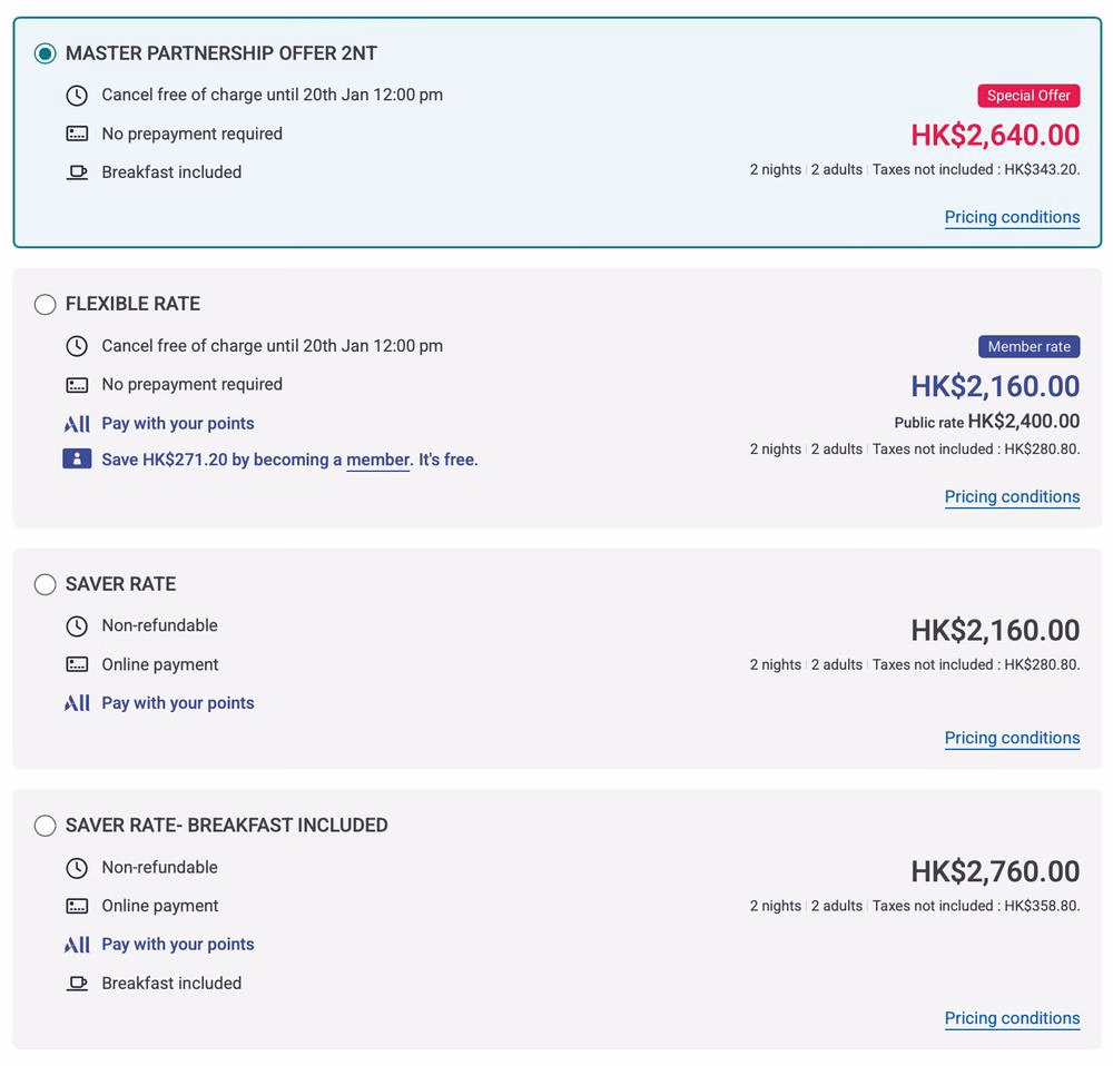 Rate comparison showing Accor Plus vs Mastercard promo