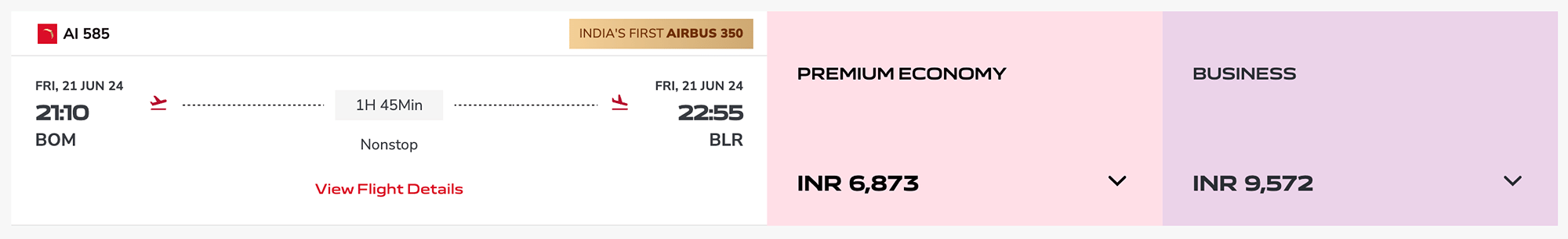 Air India Business Class Sale: BOM-BLR
