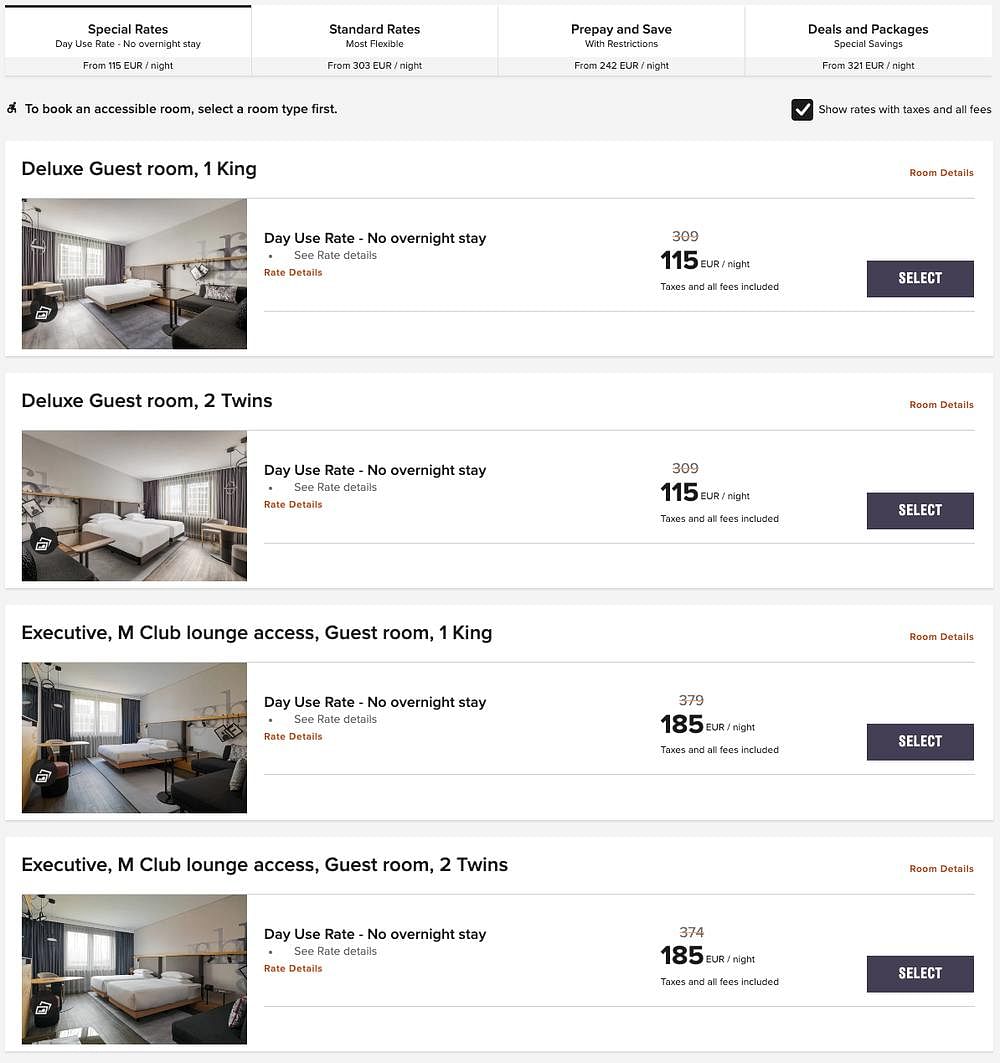 Marriott Frankfurt Airport Day Use Price showing discount