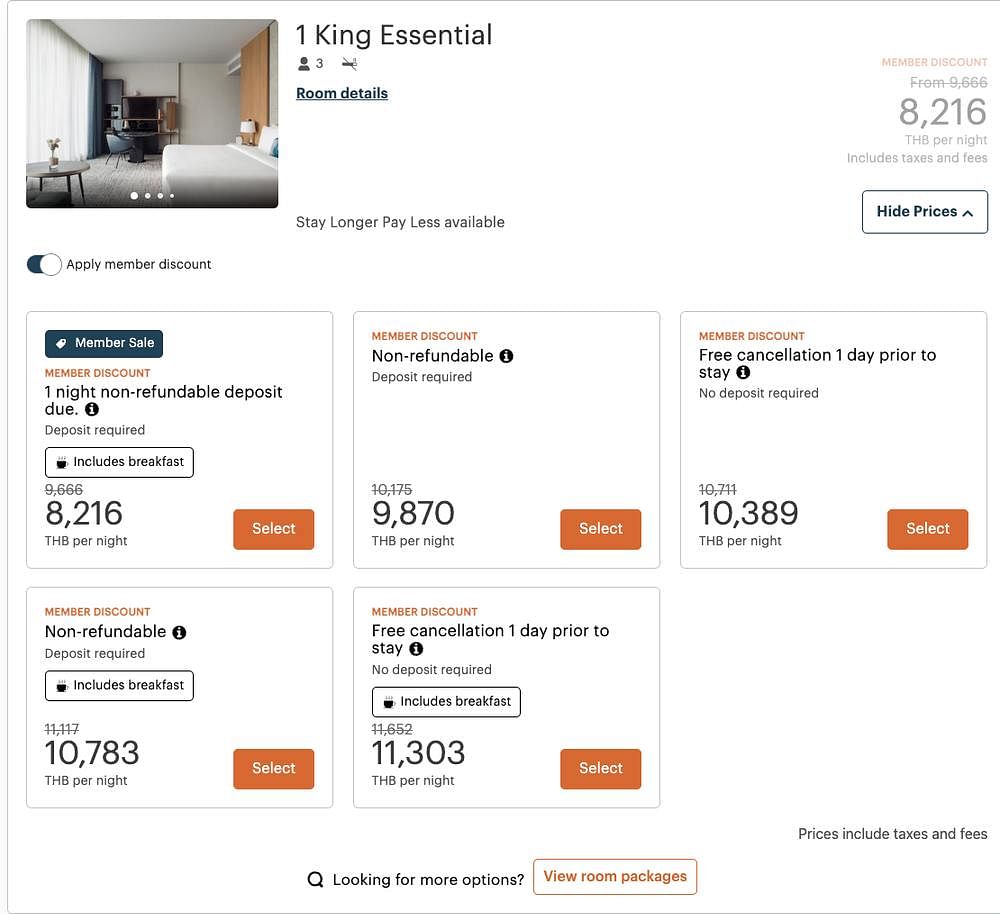 Screenshot of the promotional rates at Kimpton Bangkok