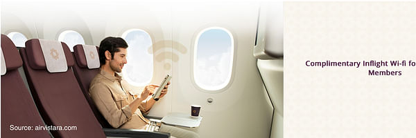 Vistara makes their in-flight Wi-Fi service (messaging plan) free for all Club Vistara members. - Cover Image