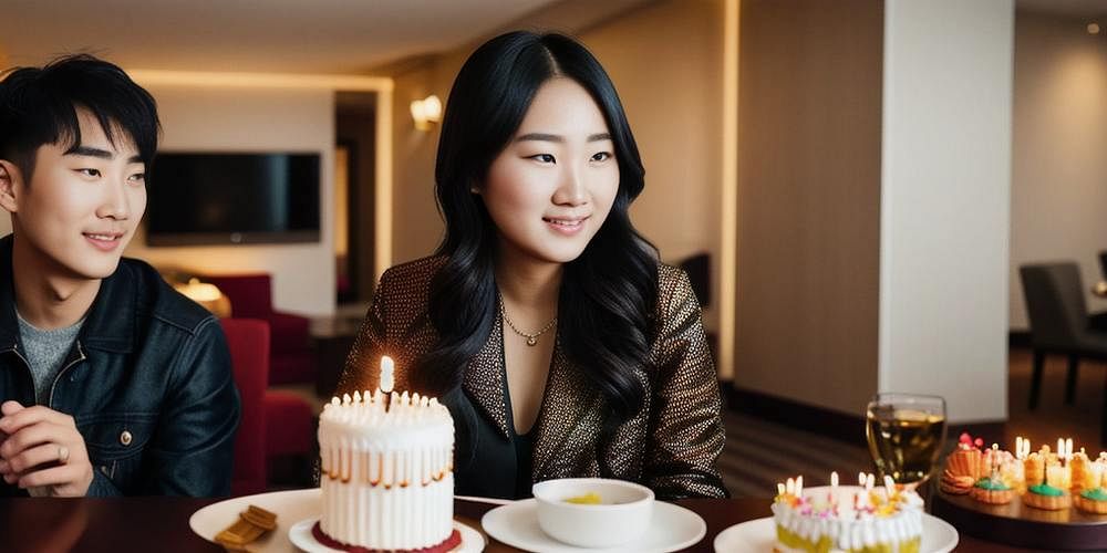 A couple celebrating birthday in a hotel room