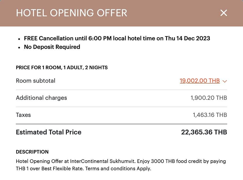 InterContinental Bangkok Sukhumvit Opening Offer Terms