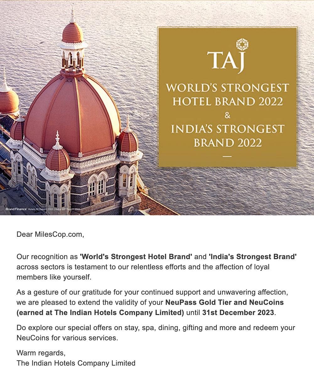 Taj Status Extension Email Screenshot