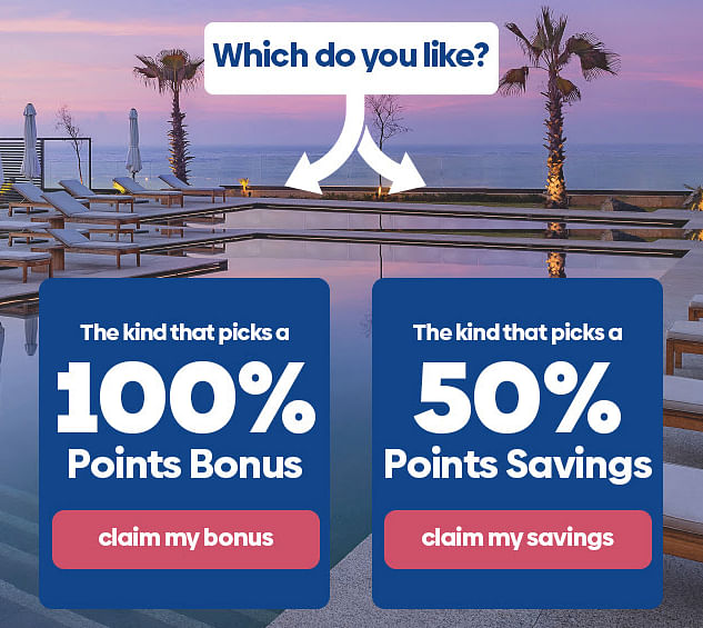 Hilton offers a choice of 100% bonus points or 50% off on points purchase. - Cover Image