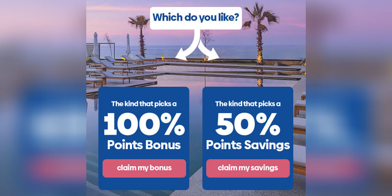 Hilton offers a choice of 100% bonus points or 50% off on points purchase. - Cover Image