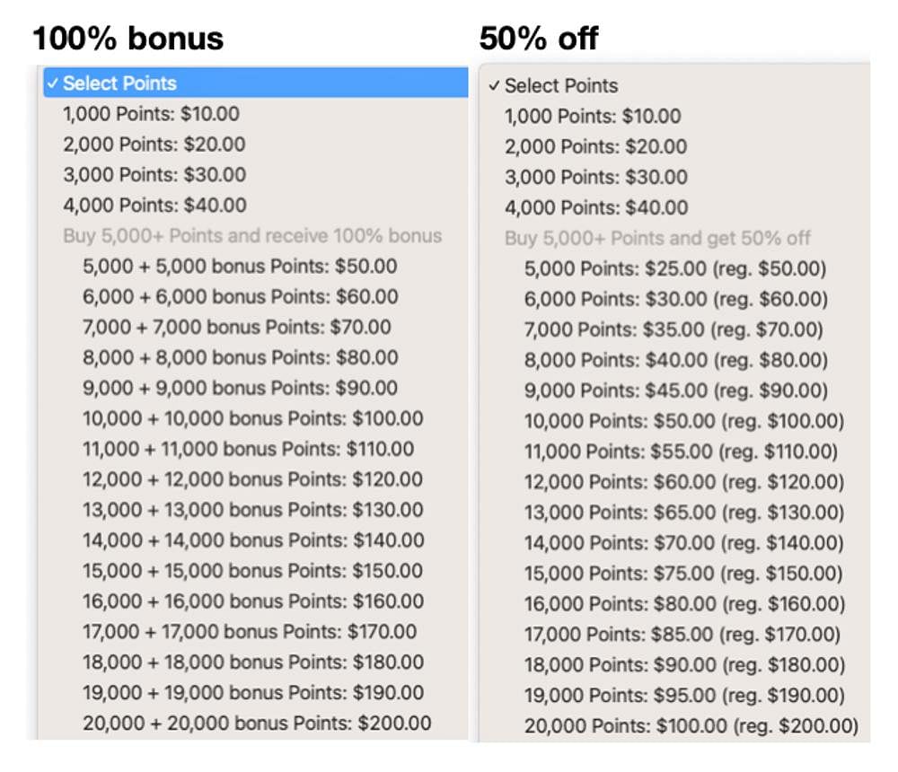 Hilton 100% bonus points vs. 50% off prices screenshot