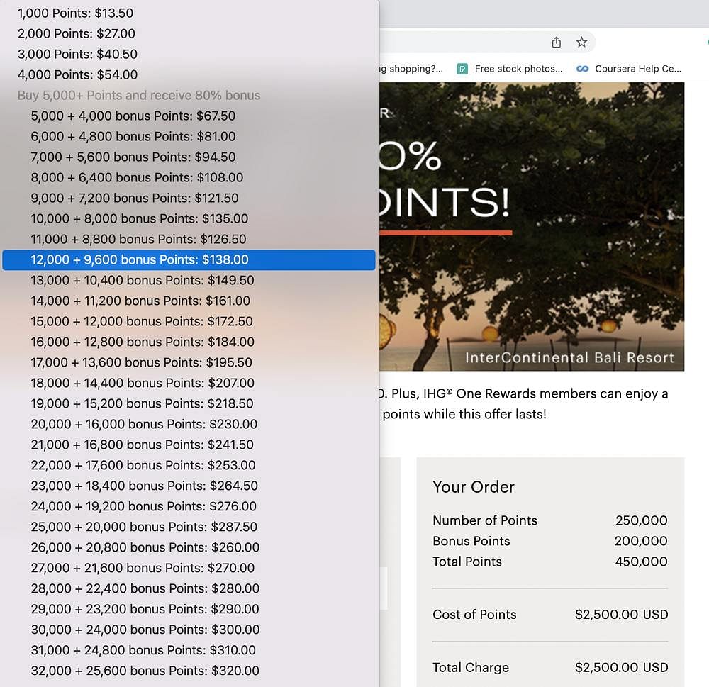IHG Bonus Points Page Screenshot