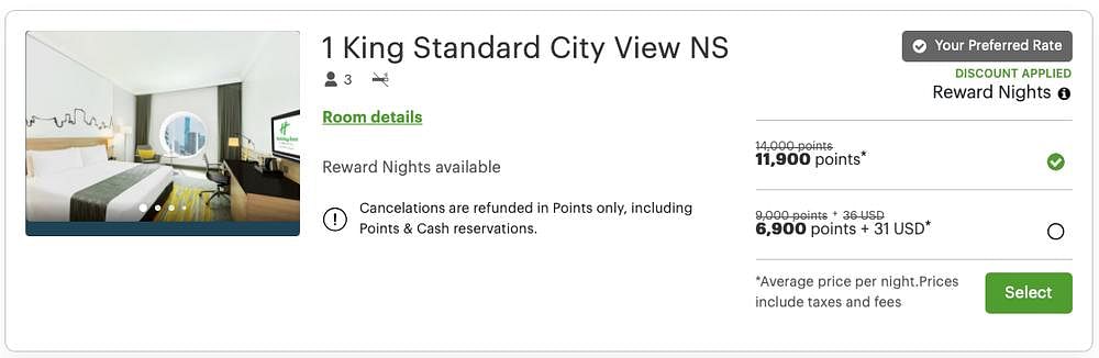 IHG disounted award night booking screen