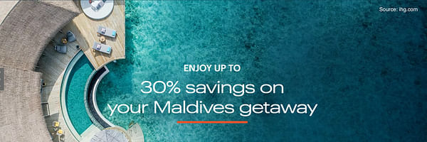 Get 30% off on stays, 50% on seaplane transfers, free club access, and scuba diving at IHG resorts in the Maldives. - Cover Image